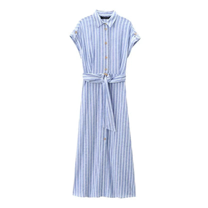 New Striped Elegant Long Dress Women Single Breasted Lace-up Short Sleeve Midi Dresses  Summer Casual Fashion Lady Vestidos