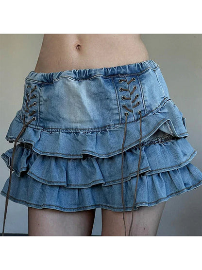 vzyzv -  Summer Women Korean Low Rise Gothic Mini Denim Tierred Ruffles Skirt Gyaru Harajuku 2000s Coquette Y2k Streetwear Kpop Chic Goth