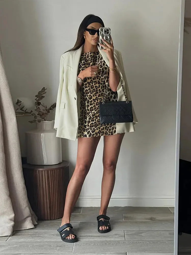 vzyzv -  Fashion Leopard Print Mini Slim Dresses For Women Sexy O-neck Sleeveless A-line High Waist Dress  Summer High Streetwear