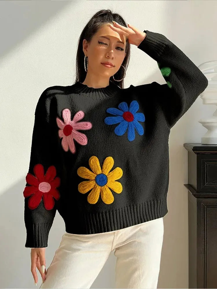 vzyzv  -  Autumn Knitted Women Sweater Sweet Flower Loose Long Sleeve O-neck Female Pullovers 2025 New Casual Loose Ladies Tops Streetwear