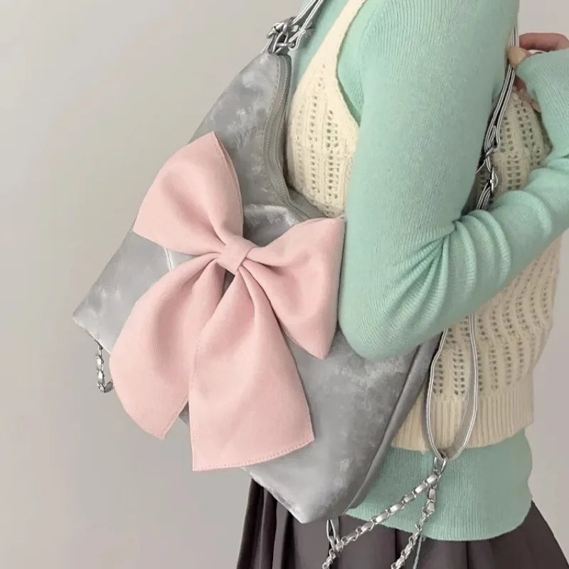 vzyzv  -  Pink Bow Womens Shoulder Bag Korean Style Fashion Large Capacity Sweet Backpack Cute Exquisite Elegant New Female Tote Bag