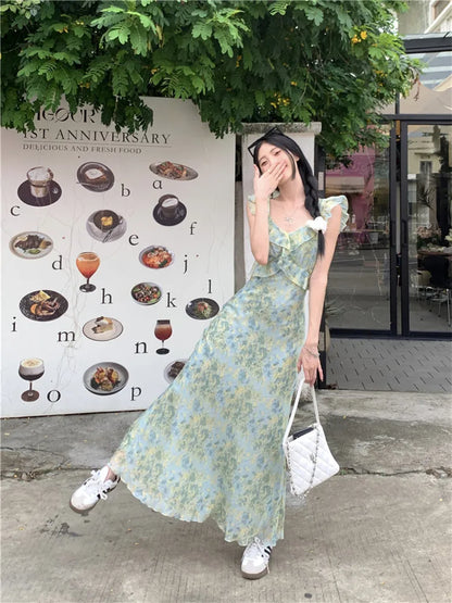 vzyzv -  Fashion Women Green Floral Print Ruffles Holiday Dress Summer Flying Sleeve Long Dress Seaside Beach A Line Fairy Photo Dress