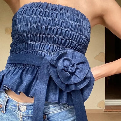 vzyzv  -  Sweet Hot Girl Sexy Pleated Strapless Vest Women's Summer Three-dimensional Flower Slim Fit Denim Top Fashion Female Clothes