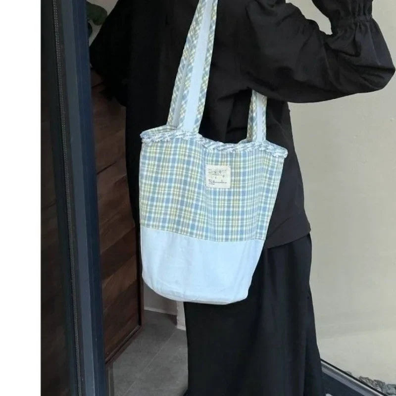 vzyzv  -  Korean Sweet Blue Plaid Bucket Bag Handbag Tote Women Casual Shoulder Bag