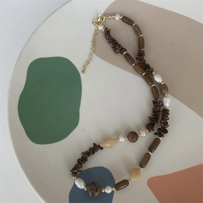 vzyzv  -  Coffee Color Retro Pendant Necklace for Women Trend Girls Jewelry New Chinese Handmade Stone Wood Beaded Chain Birthday Gifts