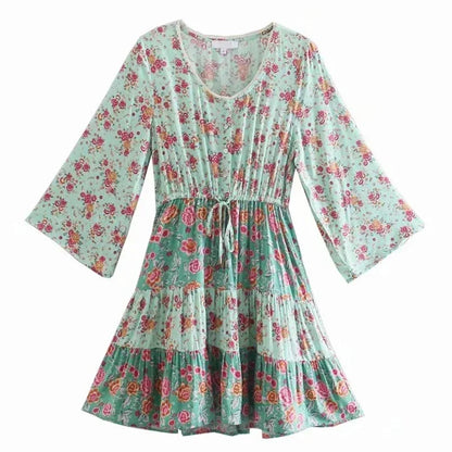 vzyzv -  Floral Vintage Mini Dress Pink Holiday Boho Women Dress  Flare Sleeve Summer Holiday Ladies Female Sexy Dresses