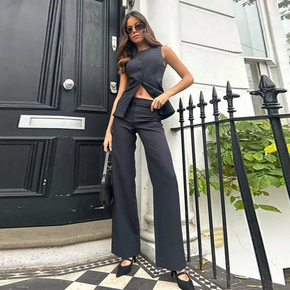 vzyzv  -  Sleeveless Suit Casual Vest Women's Elegant Long Pants Round Neck Front Buckle Fashionable Street Clothing Set Summer Women Top