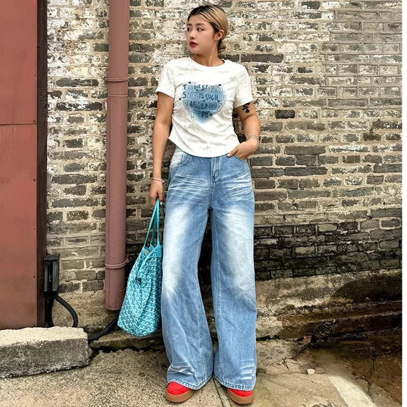 vzyzv  -  Blue Women Jeans High Waist Fashion American Vintage Streetwear Y2K Casual Wide Leg Jean Female Denim Trouser Baggy Denim Pants