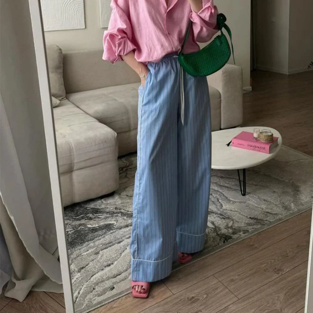 vzyzv  -  Women's Casual Striped Print Straight Pants y2k Clothes Drawstring Elastic Waist Loose Wide Leg Pants Trousers with Pockets