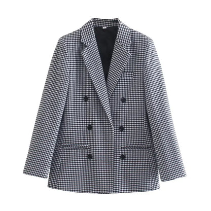 vzyzv  -  British Style Retro Plaid Blazer Suit  Women Simple Mid Length Double Breasted Casual Office Blazers Lady Work Commute Suit