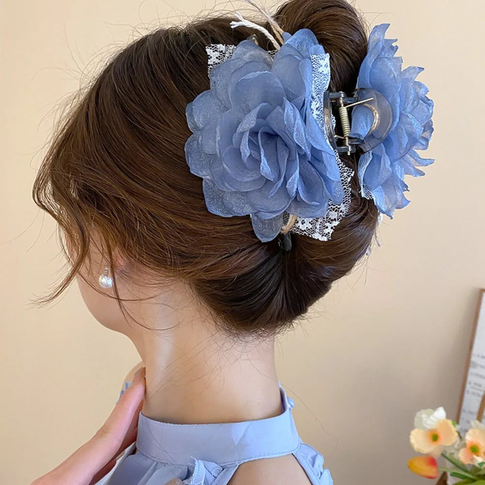 vzyzv  -  Cloth Flower Hair Claw Korean Ins Style Headwear Lace Large Rose Shark Clip Blue Black Cloth Rose Hair Clip Party