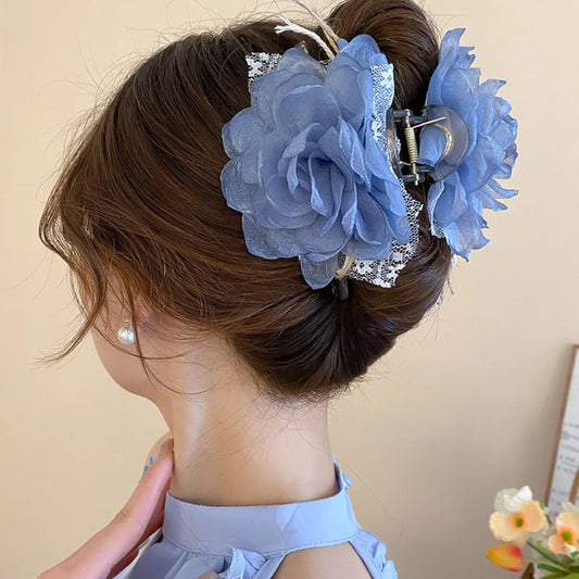 vzyzv  -  Cloth Flower Hair Claw Korean Ins Style Headwear Lace Large Rose Shark Clip Blue Black Cloth Rose Hair Clip Party