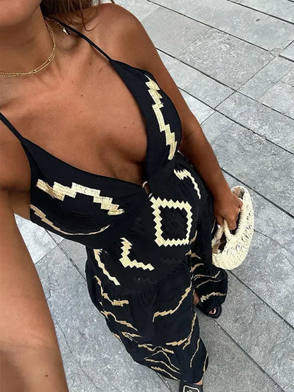 vzyzv  -  Sexy Backless Women Print Halter Maxi Dress Fashion Deep V-neck High Waist Split Dresses Summer Lady Loose High Street Robe