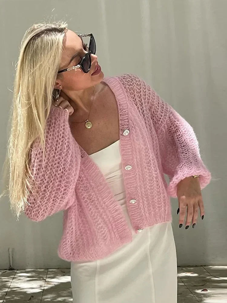 vzyzv  -  Fashion Sweet Pink Hollow Out Knitted Cardigan Women Casual Long Lantern Sleeves Single Breasted Sweater Lady Chic Knitwear