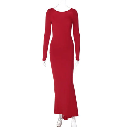 TAVIMART  -  new solid color sexy backless dress pleated long style slim dress with long sleeves