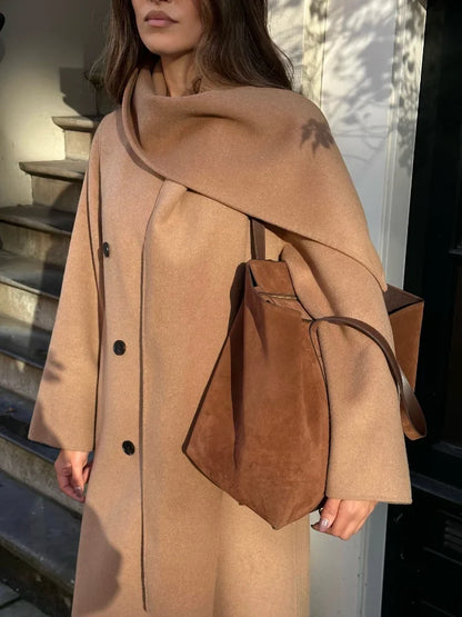 vzyzv  -  Women Elegant Brown Long Woolen Coats With Scarf Fashion Double Breasted Oversized Thicken Overcoats Lady Daily Streetwear