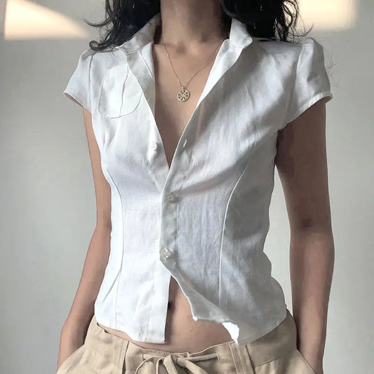 vzyzv  -  Blouse Crop Top White Button Up Short Sleeve Pockets Vintage Women Korean Style T-Shirts Casual Streetwear Y2k 2024 Short Shirt