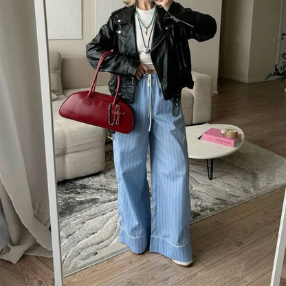 vzyzv  -  Women's Casual Striped Print Straight Pants y2k Clothes Drawstring Elastic Waist Loose Wide Leg Pants Trousers with Pockets