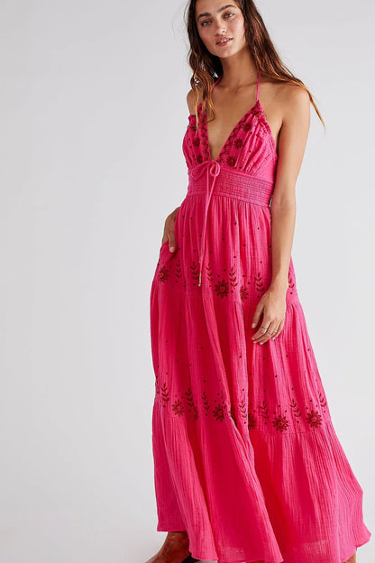 nvxiot  -  Bohemian Style A-line Spaghetti Maxi Dress V-neck Sleeveless Embroidery Summer Dress Backless Holiday Vestidos Chic Robes