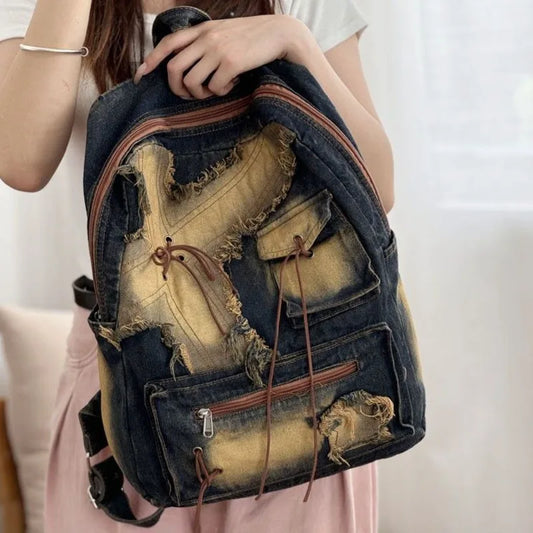 vzyzv  -  Retro Splicing Cowboy Backpack American Versatile Large Capacity Student Bag New Harajuku Zipper Y2K Backpack