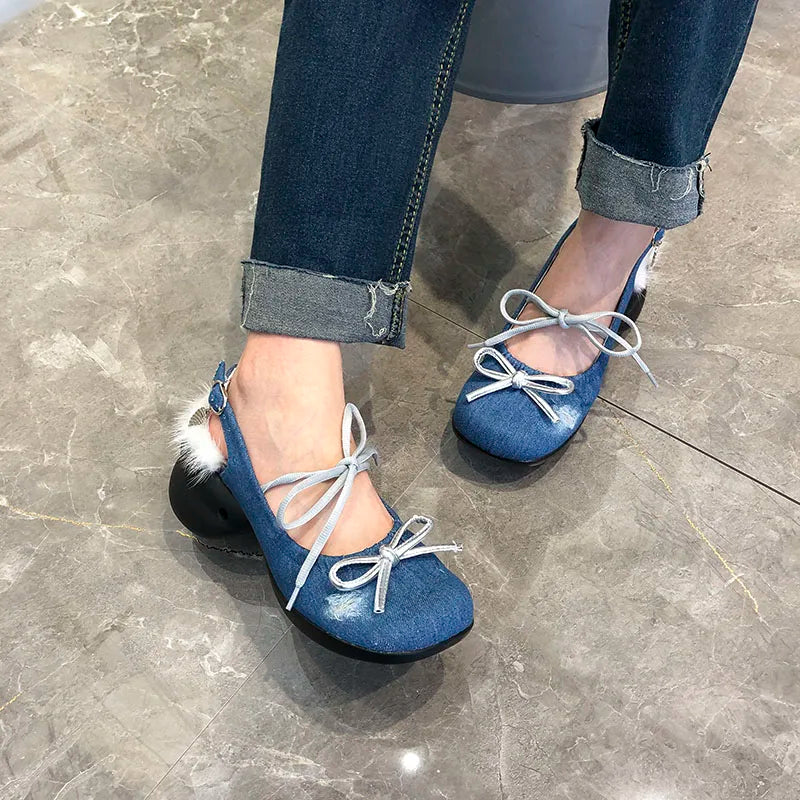 nvxiot  -  Mary Jane Shoes Women's Spring/Summer 2024 New Fashion Denim Blue Round Head Thick Sole Buckle Single Shoes