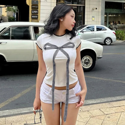 vzyzv -  Y2K T-shirt Short Sleeve Women's Clothing Lace Spliced Checkered Bow Tops For Female Korean Summer Tees Y2k Clothes