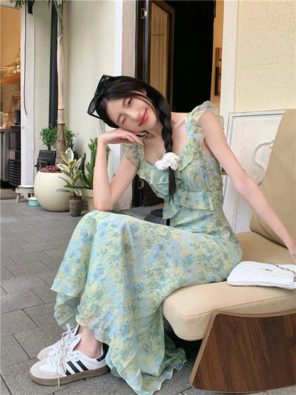 vzyzv -  Fashion Women Green Floral Print Ruffles Holiday Dress Summer Flying Sleeve Long Dress Seaside Beach A Line Fairy Photo Dress