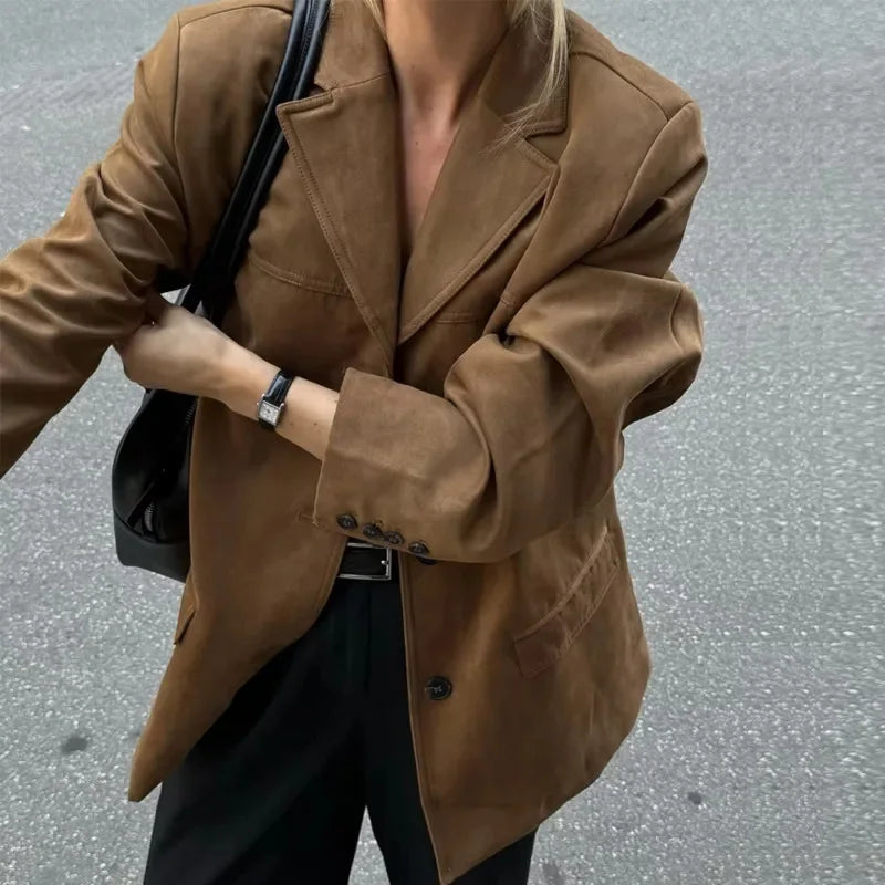 vzyzv  -  Vintage Lapel Pocket Suede Leather Jacket Women Fashion Loose Single Button Oversize Brown Coats Female Street Chic Clothes