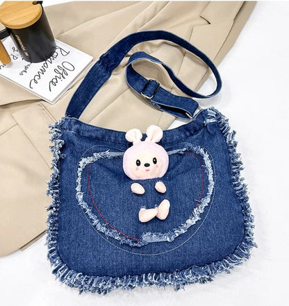 vzyzv  -   High-capacity Canvas Heart Handbags Casual Sweet Tassel Shoulder Bag Cartoon Cute Rabbit Doll Kawaii Denim Crossbody Bags Women