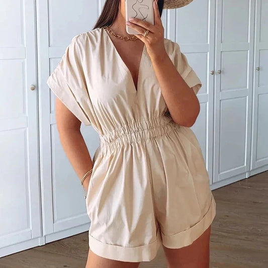 nvxiot  -  2024 Women Apricot Playsuits Chic Lady Casual Summer Fashion Y2k Pleated Solid Beach Loose Elastic High Waist Short Jumpsuits