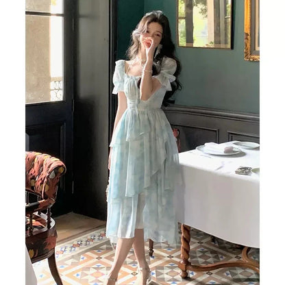 nvxiot  -   Summer Elegant Party Dress Lady puff Sleeve Beach Dress Woman Vintage square Floral One Piece cake Dress