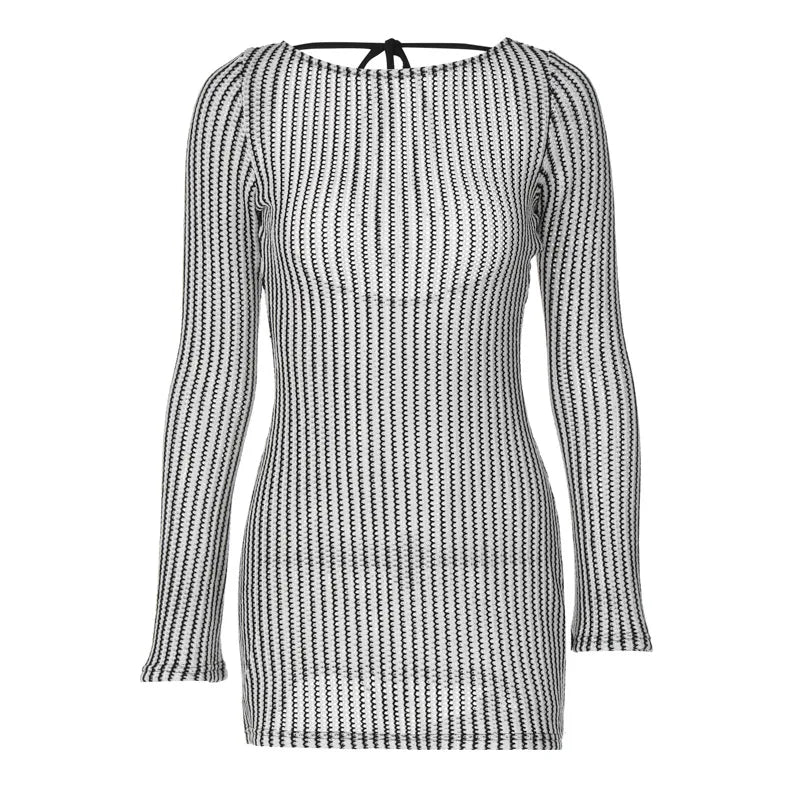 TAVIMART  -  Fashion striped printed miniskirt sexy hollow halter long-sleeved slim-fit temperament dress woman Knit skirt