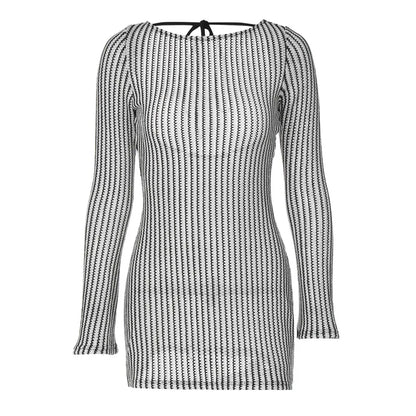 TAVIMART  -  Fashion striped printed miniskirt sexy hollow halter long-sleeved slim-fit temperament dress woman Knit skirt