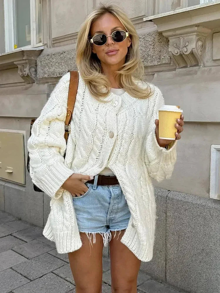 vzyzv  -  Beige Twist Knitted Cardigan Sweater Buttons Autumn Winter Women Loose Casual Long Cardigans Fashion New Female Sueter  Mujer