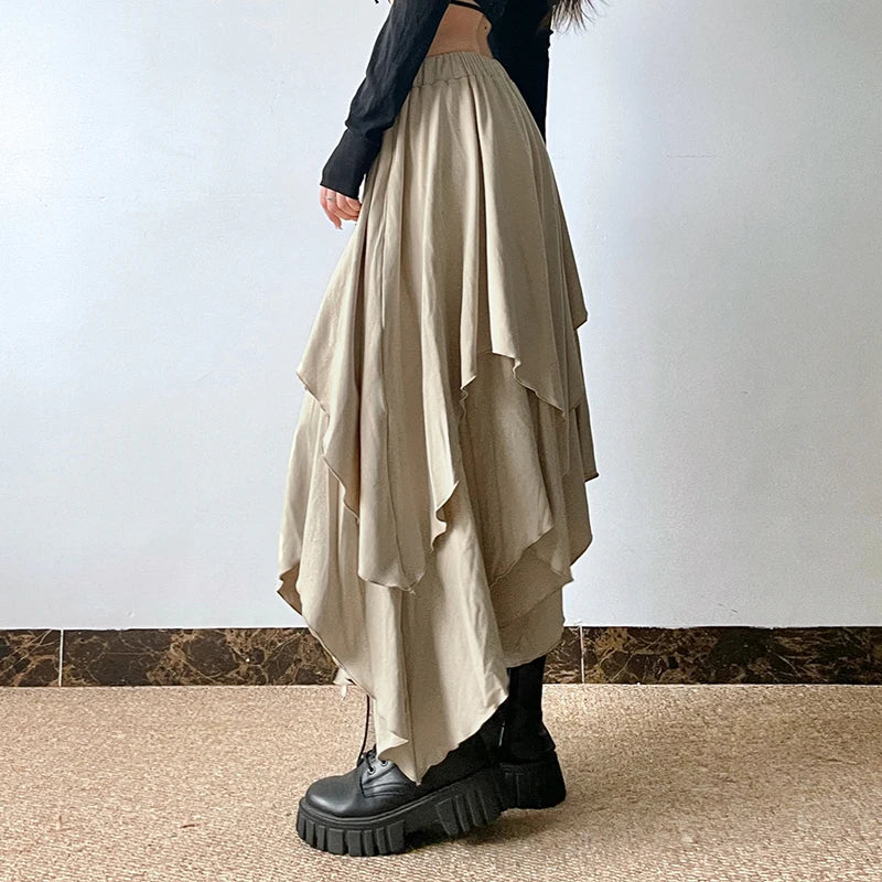 vzyzv  -  Grunge Style Asymmetrical Long Skirt Women Vintage Khaki Elastic Waist Lace-up A-line Skirt Loose Fit Korean Fashion