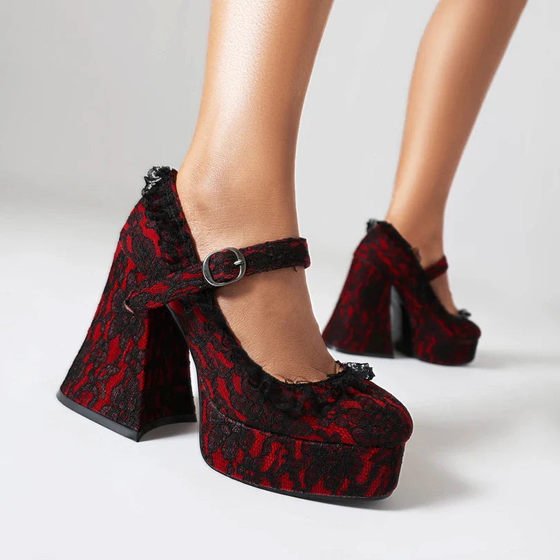 vzyzv  -  Lace Printed Fabric Platform Ultra-High Conical Heel Shallow Fashion High Heels Buckle Floral Fabric Elegant And Sexy Pumps