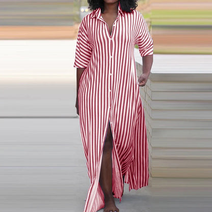 nvxiot  -  2024 Women's Turn-down Collar Half Sleeve Loose Dress Casual Single Breasted Split Long Dress Office Elegant Striped Shirt Dress