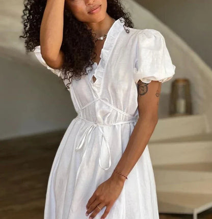 vzyzv  -  Leisure V-Neck Lace Up White Maxi Dress For Women Solid Color High Waisted  Short Sleeves Ruched Patchwork Girdle Dress