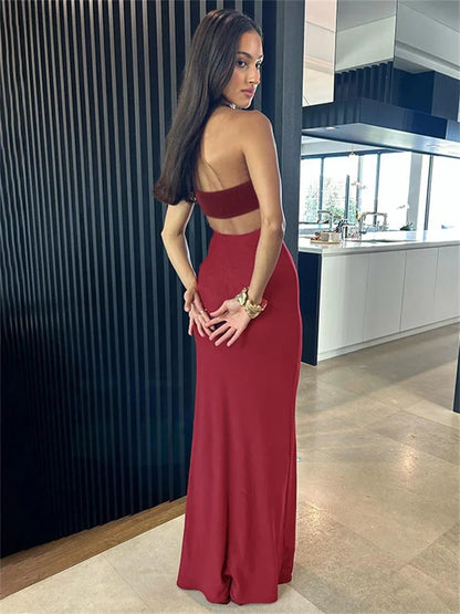 vzyzv  -  Summer Backless Slim Long Dress Women's Fashion  Bandage Square Collar Elegant Party Dress Ladies Solid Maxi Dress New