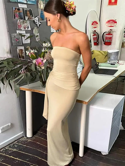 vzyzv  -  Sexy Strapless Women Bodycon Maix Dress Elegant Backless Sleeveless Pleated Knot Dresses  Summer Lady Party Club Solid Robes