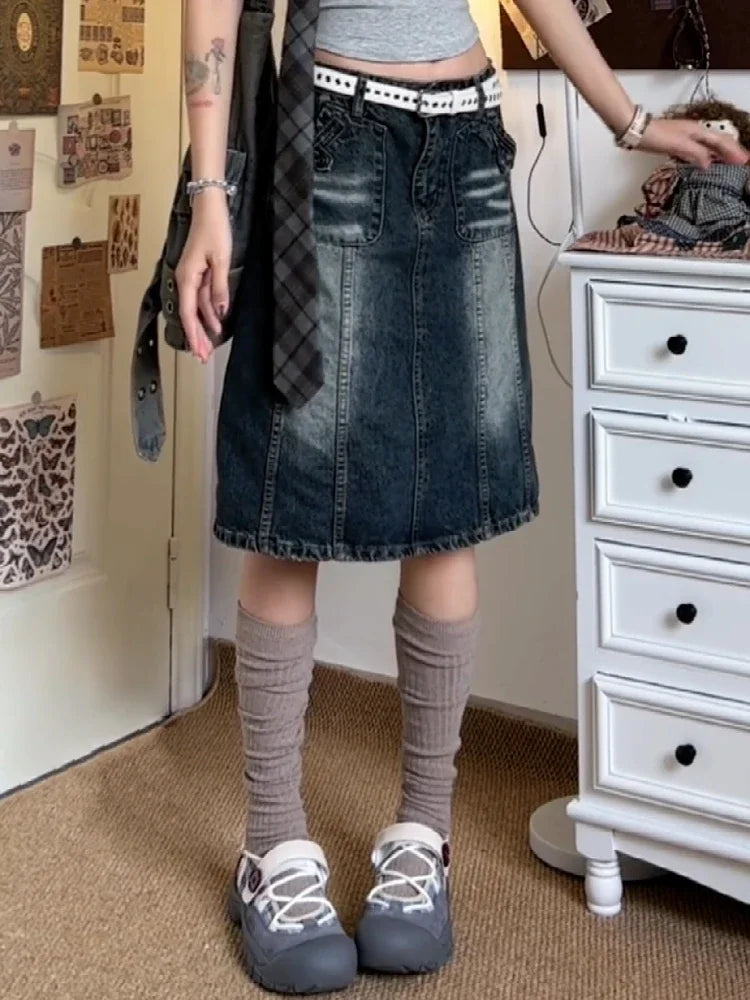 vzyzv -  Summer Women Korean Midi Denim Skirt Cyber Punk Gyaru Coquette 2000s Vintage Harajuku Gothic Japanese Fashion Y2k Streetwear New