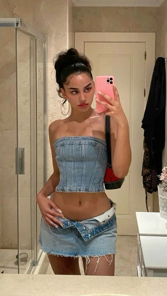 vzyzv -  Sexy Women Denim Corset Short Coat Vintage Y2K Blue Sleeveless Off Shoulder Side Zipper Summer Ladies Streetwear Wrap Chest Tops