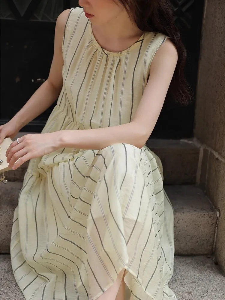 nvxiot  -  Loose Striped Dress 2024 Summer Small Fresh Round Neck Tie Fashion Casual Temperament Long Skirt