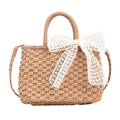 vzyzv -  Luxury Designer Women's Hand Woven Straw Bag Summer New Bohemian Beach Seaside Travel Handbag Lace Bow Drawstring Tote Picnic