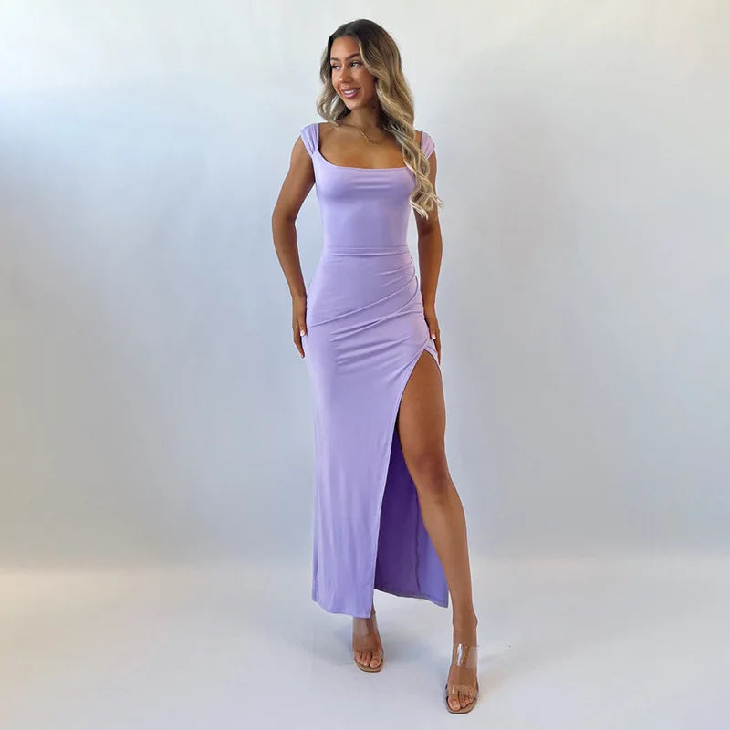 vzyzv -  Square Neck Slim Slit Long Dress For Women Sleeveless Irregular High Waisted Backless Summer Solid Color Evening Dress