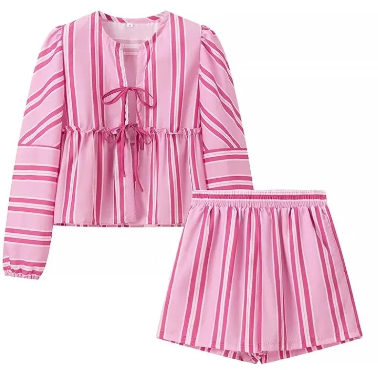 vzyzv -  Fashion Sets for Women Vintage Casual Streetwear 2 Piece Set Striped Loose Lace Up Lantern Sleeve 2024 New Spring Summer Sets