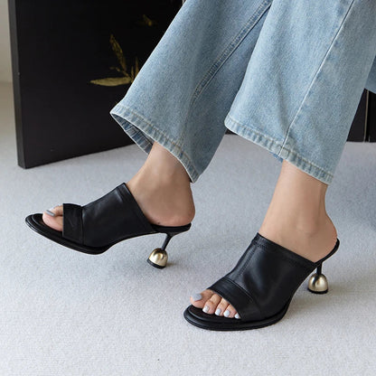 vzyzv  -  Summer Slippers Cow Leather Open Toe Women Sandals Sexy Heels European Fashion Show Sandles Elegant Party  Shoes