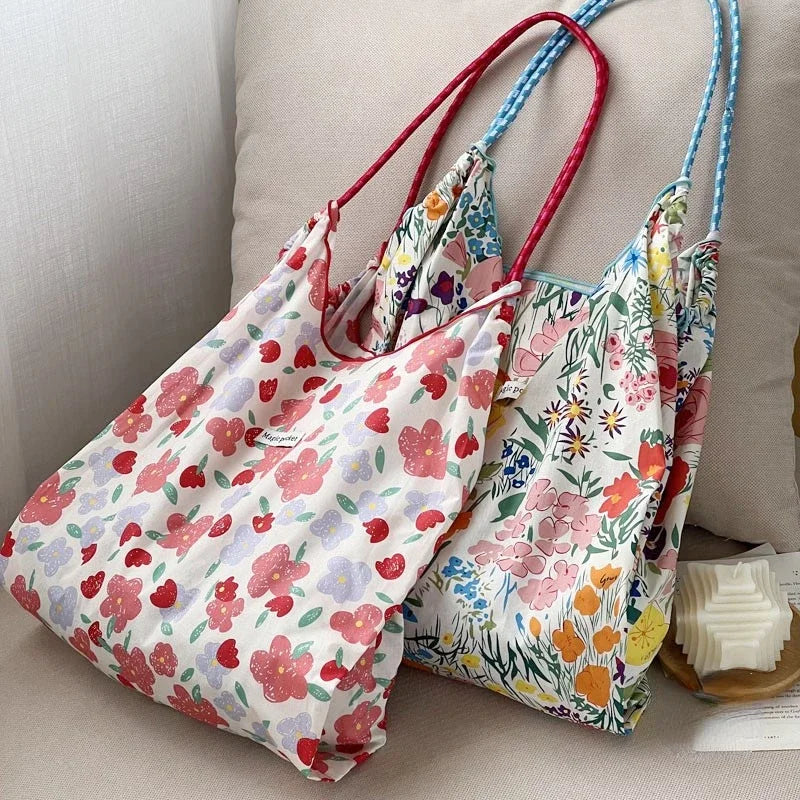 vzyzv  -  Korean Elegant Flower Print Tote Bags Vintage Sweet Y2k Cute Women's Handbags High-capacity Casual Kawaii Shoulder Canvas