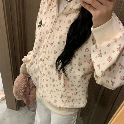 vzyzv  -  Korean Fashion Sweet Hoodie for Women Flowers Print Oversize Zip-up Hooded Sweatshirts College Coquette Aesthetic Tops