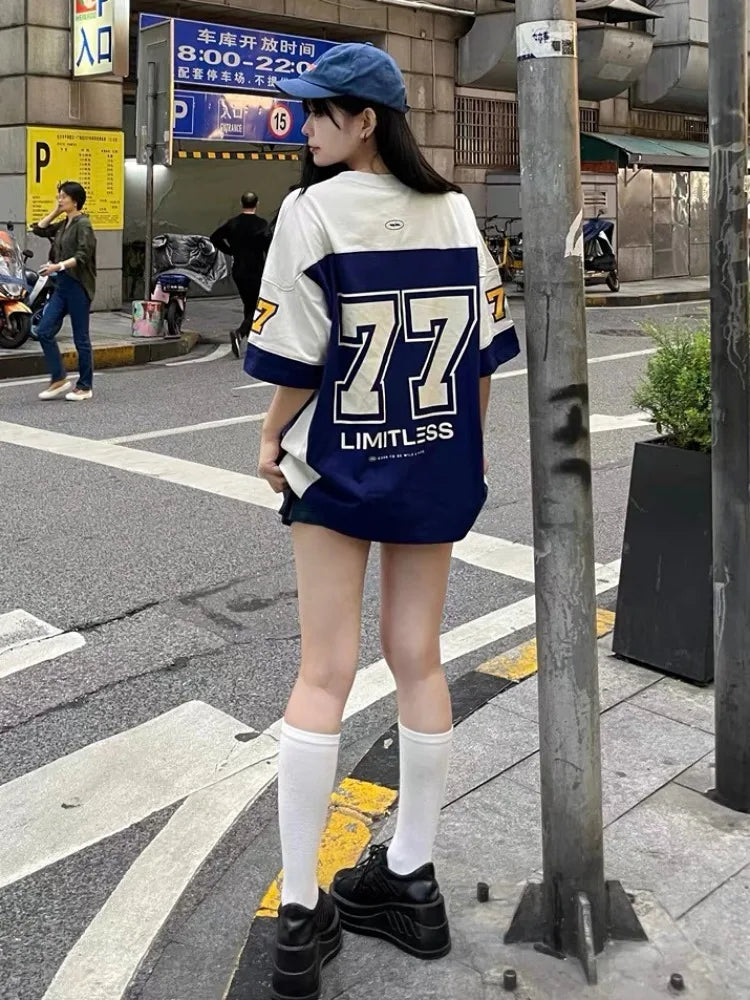 vzyzv  -  Blue Sports Oversized T Shirt Women Patchwork Raglan Short Sleeve Casual Tops American Football Summer Hip Hop Tshirts